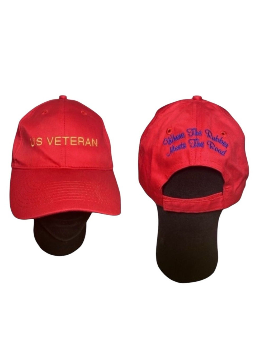 US Veteran Vet Cotton Red Strapback Ball Cap Hat Where the Rubber Meets the Road
